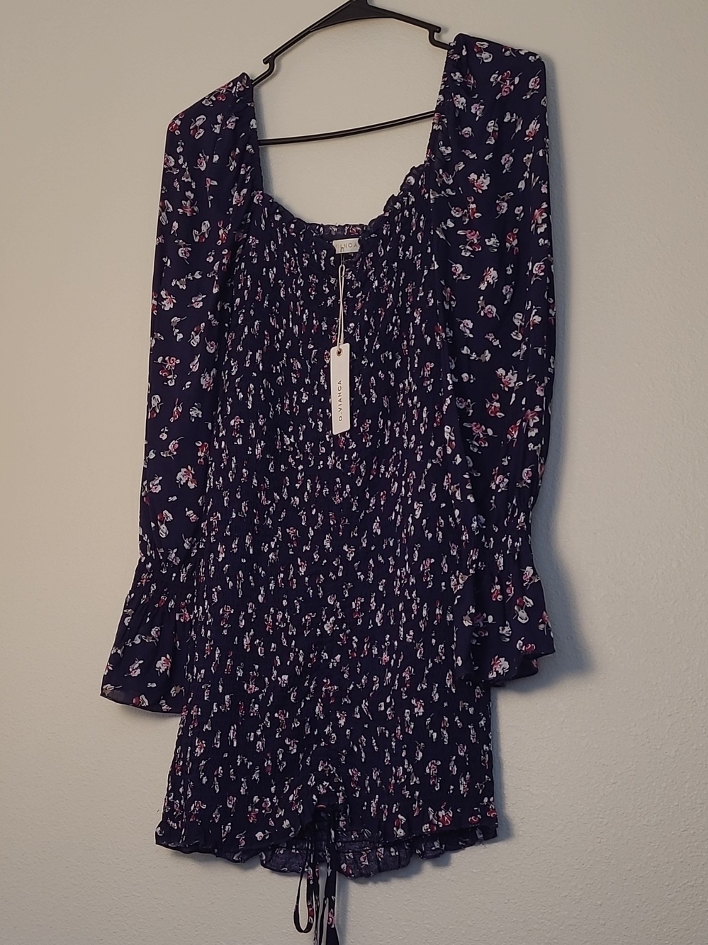 NWT O. Vianca Dark Floral Smocked Long-Sleeve Mini Dress Cottagecore Size Medium